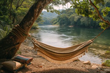 a tranquil riverbank scene with a hammock tied between two trees, offering the perfect spot for rela