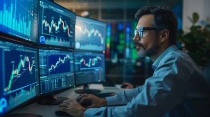 Poster - Trader monitoring gold price graphs on multiple screens in a busy trading floor