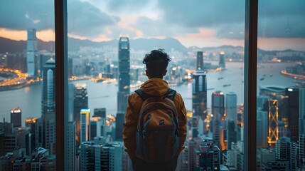 Wall Mural - Young Person Gazes Hopefully at Majestic City Skyline from High Vantage Point