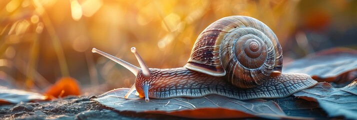 macro photography of snail on green plant leaf, blurred sunny background with copy space for text