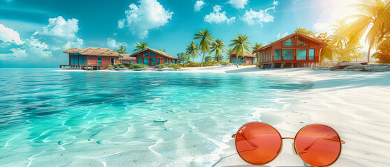 Wall Mural - Tranquil Tropical Beach with Crystal Clear Waters and White Sand, Luxury Resort in the Maldives