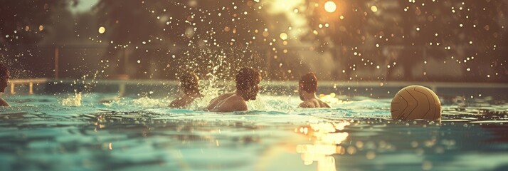 water polo training and relaxation banner - pool games with ball for fun and exercise