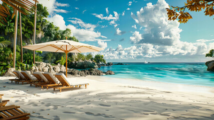 Wall Mural - Tropical Beach Paradise with Sunbeds Under Straw Umbrellas, Perfect for a Relaxing Day