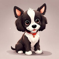 Canvas Print - AI generated illustration of a cute monochrome puppy with a red collar sitting down