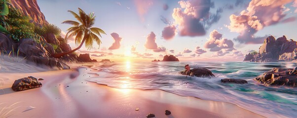 Wall Mural - Tropical Beach Sunset with Silhouetted Palm Trees, Ocean Waves and a Beautiful Orange Sky