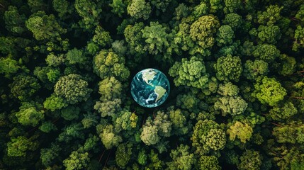 Poster - World Environment Day. Aerial top view green forest with globe earth