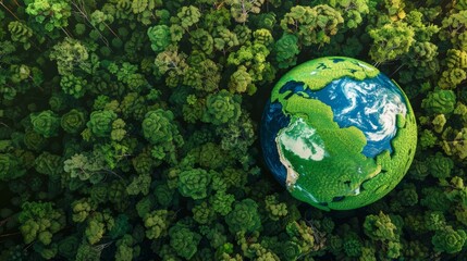 Poster - World Environment Day. Aerial top view green forest with globe earth