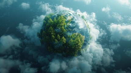 Poster - World Environment Day. Aerial top view green forest with globe earth