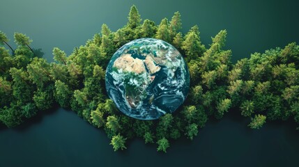 Wall Mural - World Environment Day. Aerial top view green forest with globe earth
