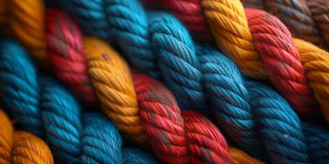 Wall Mural - Closeup of colorful braided ropes in vibrant hues for backgrounds or texture