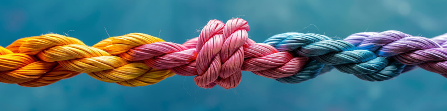 Colorful knotted rope on blue background in close up