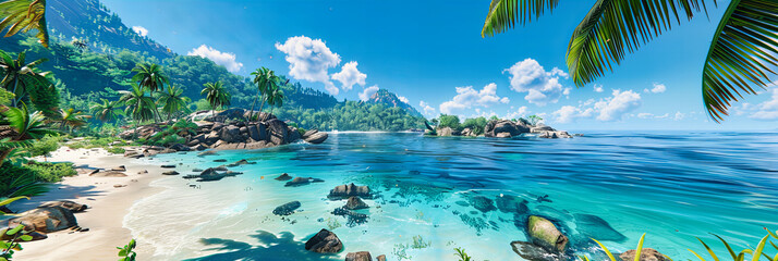 Wall Mural - Tropical Island Paradise, Scenic Beach with Palm Trees Overlooking a Turquoise Lagoon