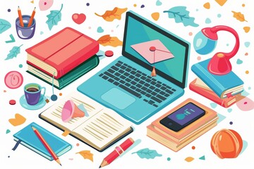 Aufkleber - A laptop computer sits atop a stack of books, showcasing the blend of education and technology in the online learning environment. Generative AI
