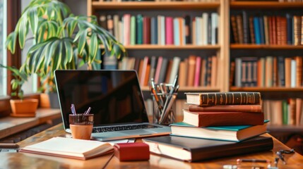 Aufkleber - A laptop computer is placed on top of a wooden desk, creating a workspace for online education and professional development. Generative AI