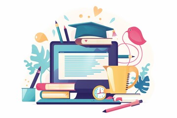 Poster - A computer displaying an EdTech concept with a graduation cap resting on top, symbolizing online education and professional qualifications. Generative AI
