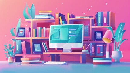 Poster - A computer monitor placed on top of a desk, showcasing an online education concept for personal and professional development. Generative AI