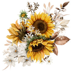 Wall Mural - Sunflower in autumn bouquet watercolor