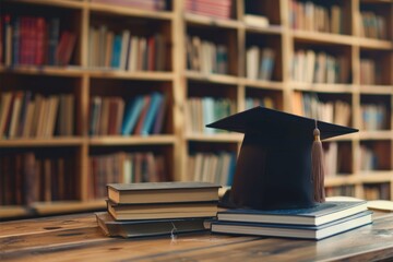 Poster - A graduation cap is placed atop a stack of books in a library setting, symbolizing academic achievement and learning. Generative AI