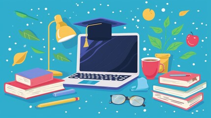 Aufkleber - A laptop computer rests atop a stack of books, symbolizing the convergence of technology and education in the realm of online learning. Generative AI