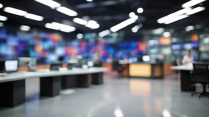 unclear room studio with blurry people sitting on desks - unfocused lights