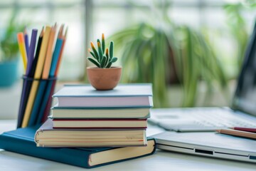 Aufkleber - A stack of books is positioned next to a laptop computer, symbolizing the concept of EdTech and online education for personal and professional development. Generative AI