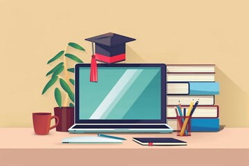 Aufkleber - A laptop computer placed on top of a wooden desk, showcasing a workspace for online education and training in EdTech. Generative AI