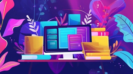 Poster - A computer monitor is placed on top of a desk, showcasing a workspace setting for online education or professional development training. Generative AI