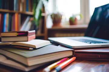 Aufkleber - A laptop computer is placed on a wooden desk, ready for use in an online education or work setting. Generative AI