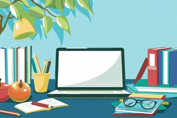 Aufkleber - A laptop computer placed on top of a desk, showcasing a setup for online education, training, and e-learning activities. Generative AI