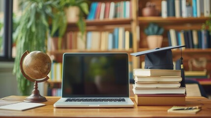 Poster - A laptop computer is placed on top of a wooden desk. Generative AI