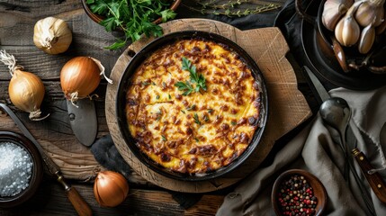 Homemade Lasagna - Top view of a delicious homemade lasagna in a skillet, surrounded by fresh ingredients, showcasing rustic Italian cuisine.
