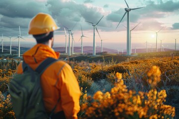  a worker looking at some windmills in a spring field 