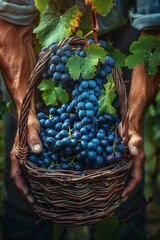 large basket with grapes in the hands of a farmer on a grape plantation