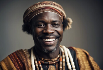 portrait of an African man in traditional dress with a sincere smile, isolated white background
