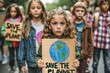 © marimalina - a group of children protesting at a demonstration with several cardboard signs that say 'SAVE THE PLANET' and a drawing of a globe on a summer day
