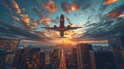 Wall Mural -  the plane flies over the city