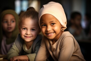 a bald 8 year old girl at the school desk. The other children look at her smiling. cancer concept 