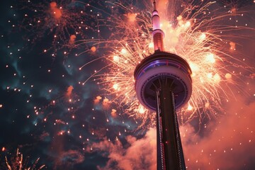 Wall Mural - CN Tower Toronto close up, while fireworks, celebrating Canada Day, copy space