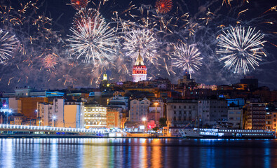 Wall Mural - Fireworks over Galata Tower, Galata Bridge, Karakoy district and Golden Horn at morning, istanbul - Turkey