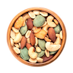 Sticker - Bar mix, roasted and salted nuts, in a wooden bowl. Crunchy roasted peanuts, almonds, and cashews. With peanuts in spicy wasabi flavored batter, and blanched almond halves with honey-chili spice mix.