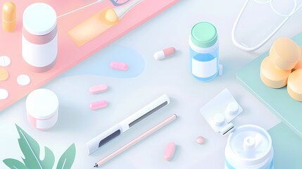 Wall Mural - A colorful and neat arrangement of medication and healthcare items on a pastel background