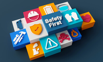 Wall Mural - Safety icons on dark background. 3D Rendering