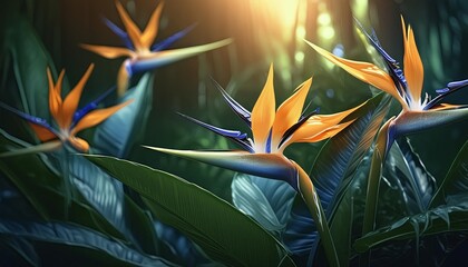 Wall Mural - summer tropical background with strelitzia flowers and tropical leaves