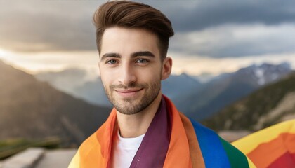 Wall Mural - attractive man with lgbtq flag on his shoulders looking directly at the camera close up, pride month