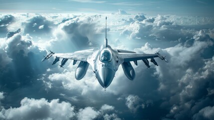 A fighter jet soars through billowing clouds in a display of strength and speed