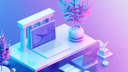 A vibrant, isometric illustration featuring a modern digital workspace with a laptop, desk, and decorative elements