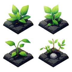 Poster - modern app game assets, isometric, sprouts on the black ground, 4, lifelike renderings, white background