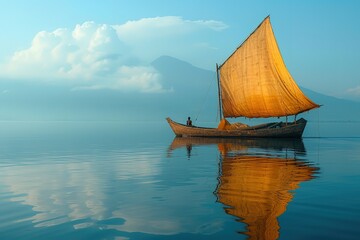 A traditional African fishing boat gliding silently across the still waters of a reflective lake