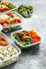 Healthy meal prep containers with chicken, rice, and vegetables