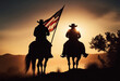 © abu - silhouette of a cowboy with an American flag on his horse, sunset
